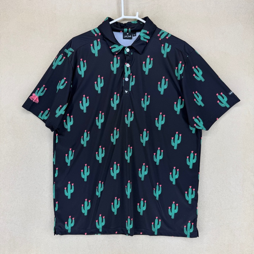 Bad Birdie‎ Mens XXL Golf Polo Shirt Black Cactus Print Short Sleeve Button Up